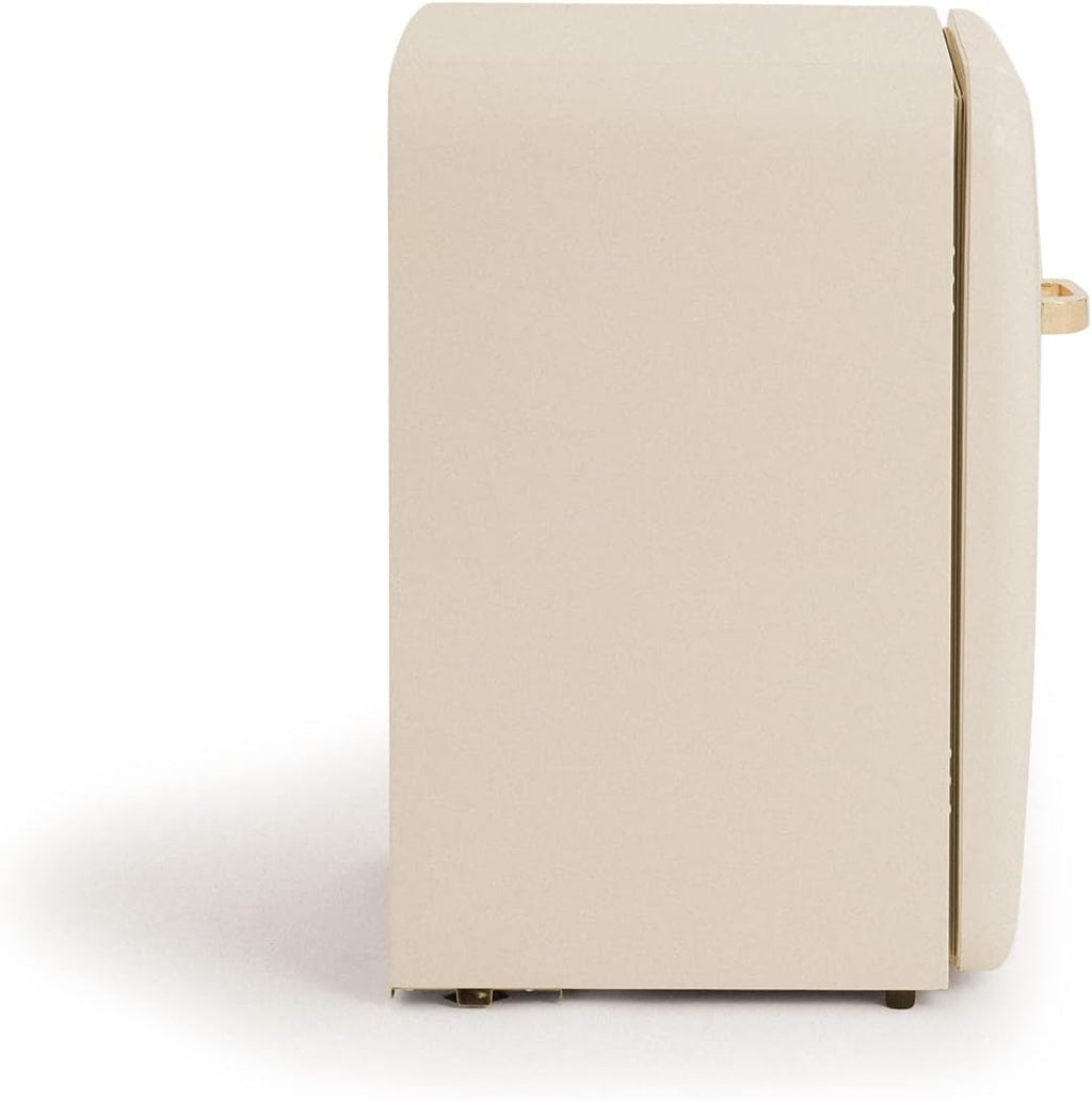 CRÉER / RÉFRIGÉRATEUR RÉTRO 83,5 ARGENT/Réfrigérateur blanc cassé avec poignée dorée / 98W, basse consommation, 2 étagères, régulateur de température, porte-bouteilles, 56x54x84cm.
