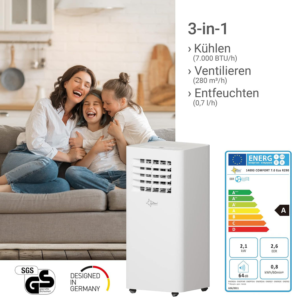 SUNTEC Aire acondicionado portátil Impuls 2.6 Eco R290 – Aire acondicionado móvil y silencioso con tubo de escape – Enfriador y deshumidificador para habitaciones de hasta 34 m² – Refrigeración móvil para hogar y oficina – 9.000 BTU | 2600 vatios
