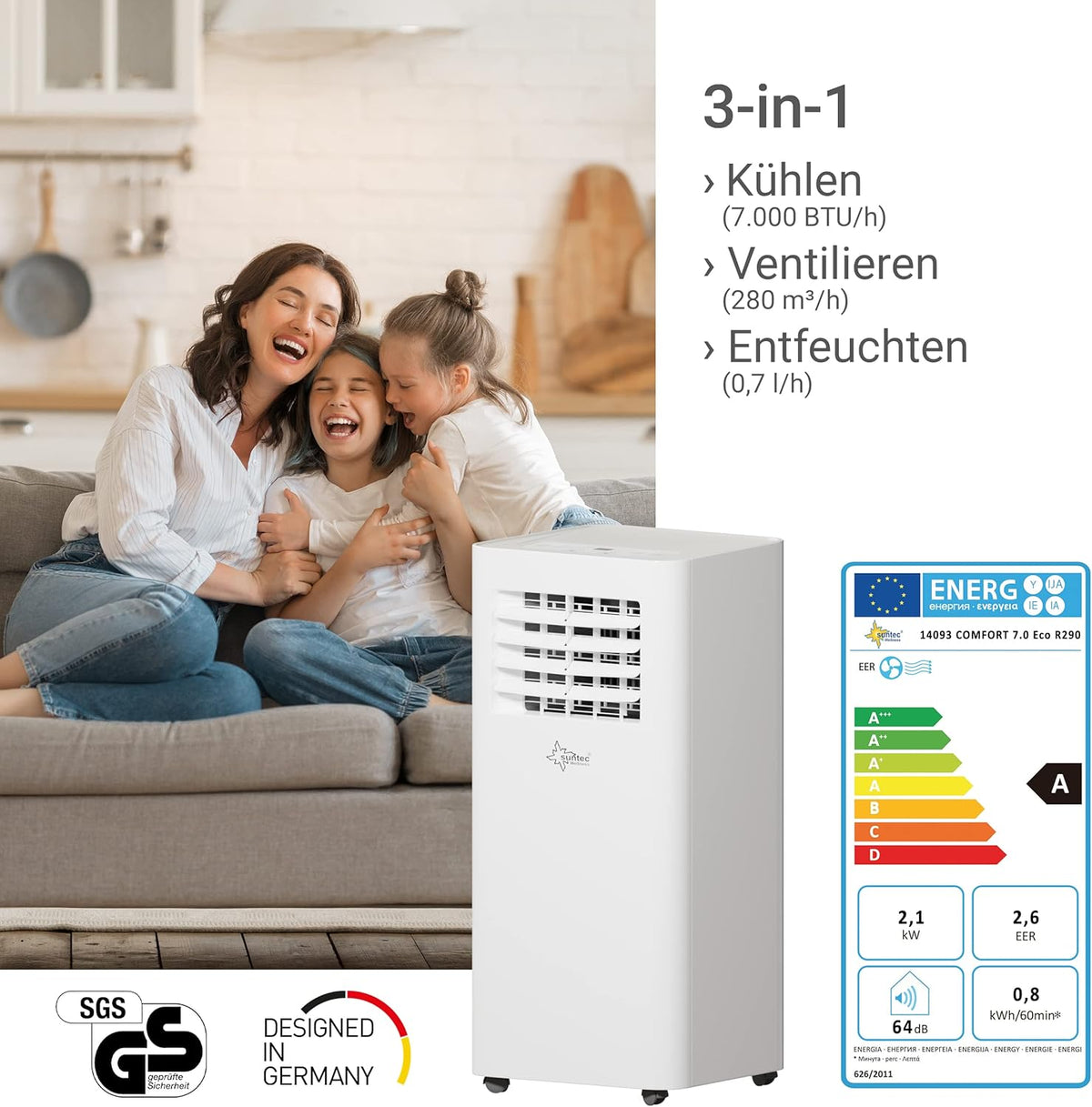 SUNTEC Aire acondicionado portátil Impuls 2.6 Eco R290 – Aire acondicionado móvil y silencioso con tubo de escape – Enfriador y deshumidificador para habitaciones de hasta 34 m² – Refrigeración móvil para hogar y oficina – 9.000 BTU | 2600 vatios