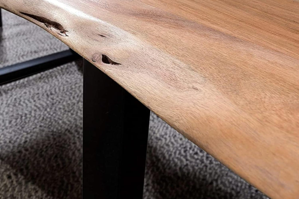 Mesa de comedor SAM B-Ware 200x100 cm Mundra, mesa de madera de acacia con borde natural, maciza y color natural, base en U de metal negro, mesa de comedor con borde de árbol auténtico