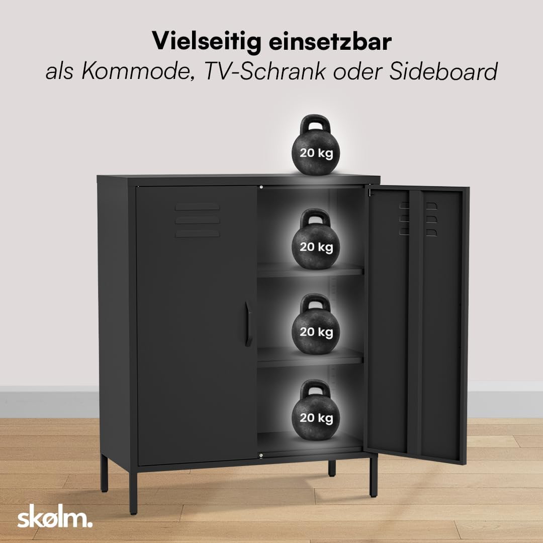 Cómoda de metal Atria de skølm – Aparador en negro – Armario metálico con 3 compartimentos y puertas dobles – Armario multiusos con estantes flexibles – Highboard estilo industrial – Armario de almacenaje/mueble recibidor