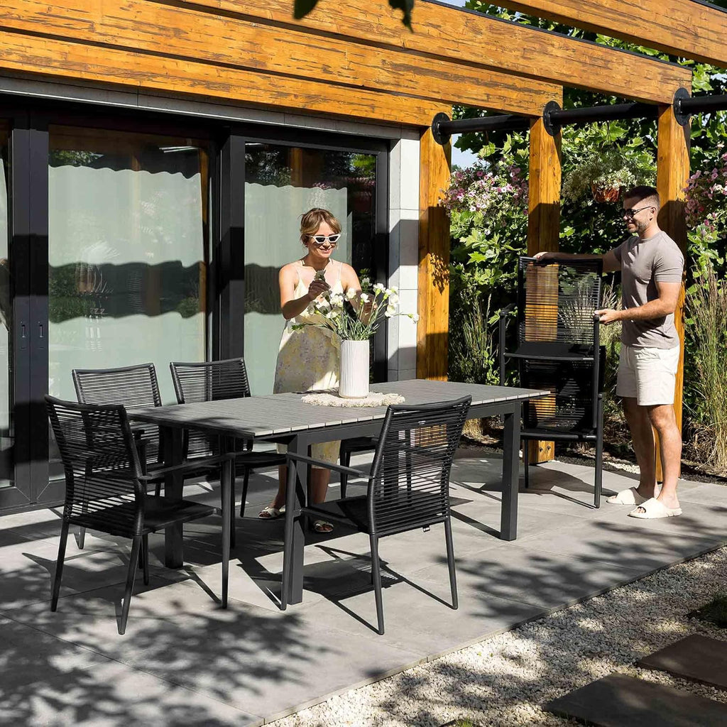 Mesa de jardín extensible di volio Drena 160x210 cm, mesa de terraza de aluminio resistente a la intemperie con aspecto de madera, mesa de comedor estable para jardín, terraza y balcón (gris)
