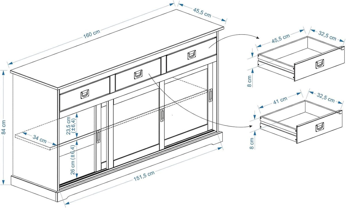 Aparador IDIMEX Savona con 3 puertas y 3 cajones, madera maciza, color roble, mueble buffet, vajillero, madera maciza