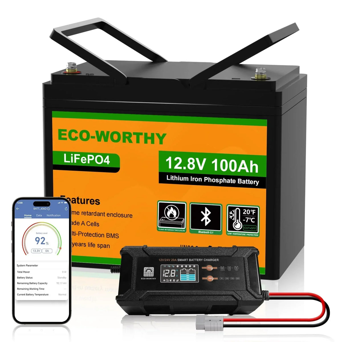 ECO-WORTHY LiFePO4 12V 100Ah Bluetooth con cargador de 12/24V 20A, BMS, protección contra bajas temperaturas para autocaravana, barco y caravana