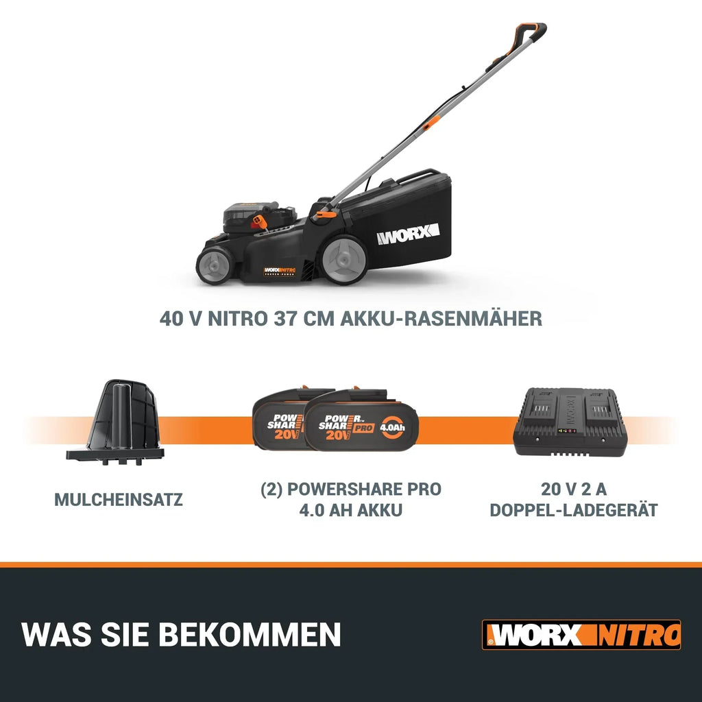Cortacésped WORX WG737E Nitro 40V 2x20V sin escobillas, ancho de corte 37cm, 6 posiciones, saco recolector 40L, con 2 baterías 4Ah y cargador dual