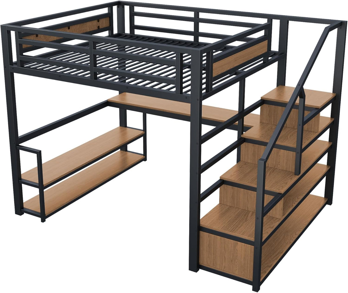 Litera alta de metal de 140x200 con escalera de almacenamiento con estantes y escritorio, diseño de valla de seguridad con tablones de metal unidos, cama de estructura de hierro alta con marco de metal para un soporte estable (negro)