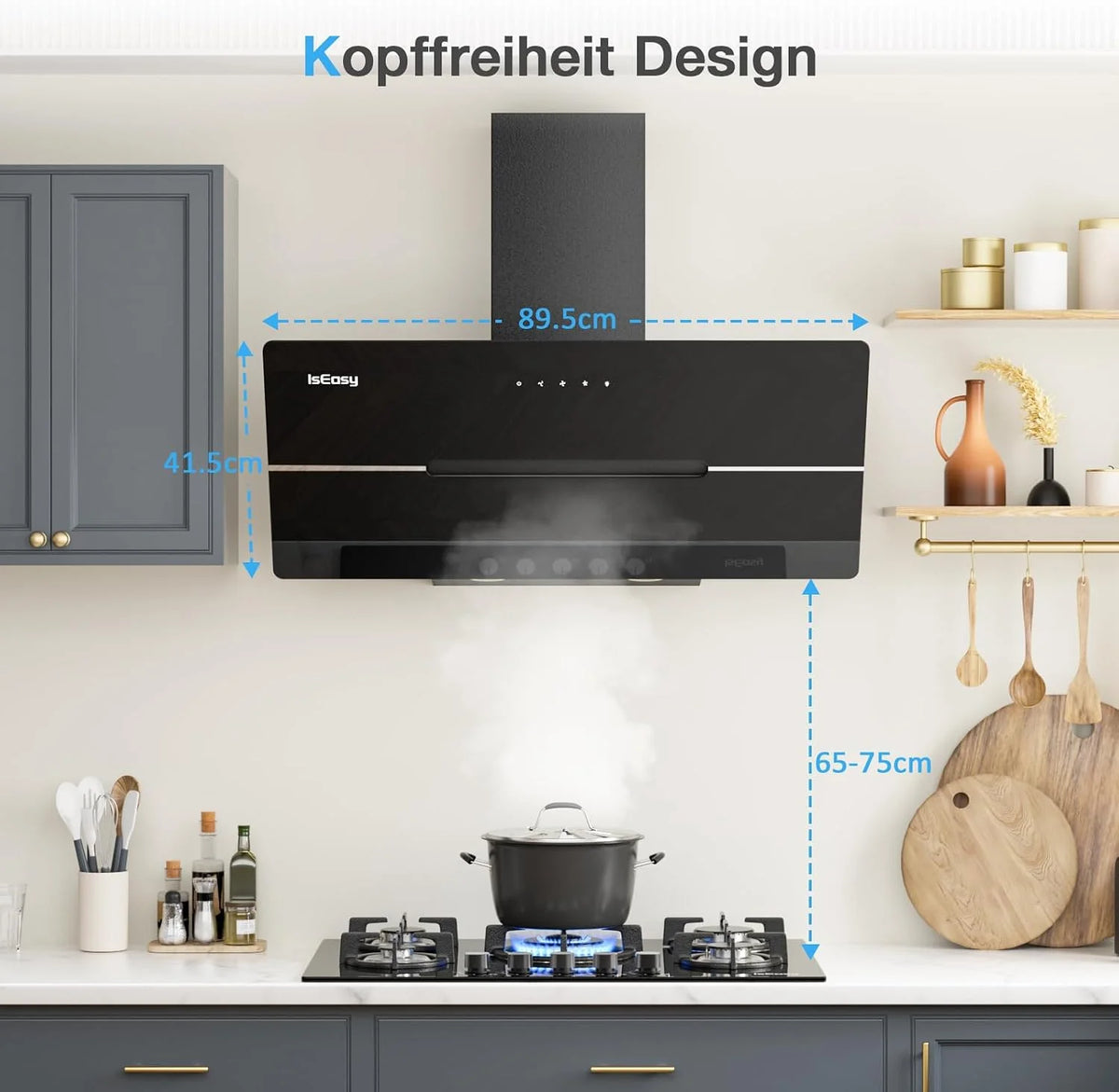 Okap Kuchenny 90 cm, IsEasy Okap Recyrkulacyjny o Wydajności 578 m³/h, 3 Stopnie Prędkości, Tryb Wyciągowy, Hałas Min. 58 dB, Czarny, Klasa Energetyczna A++
