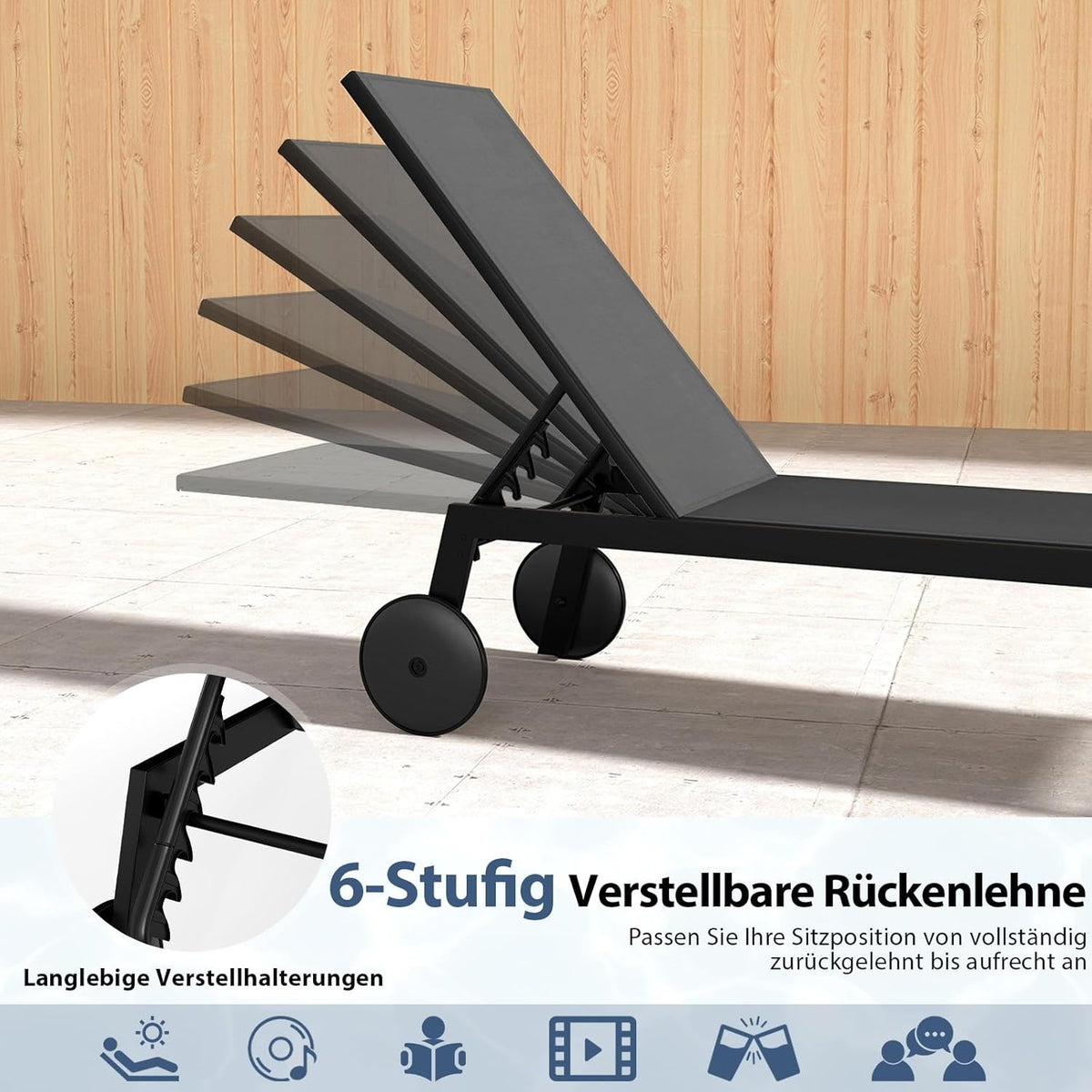 COSTWAY Juego de 2 tumbonas con ruedas, silla de jardín con respaldo ajustable y tela de secado rápido, tumbona con ruedas con capacidad de carga de hasta 150 kg, silla para jardín, balcón, terraza (gris)