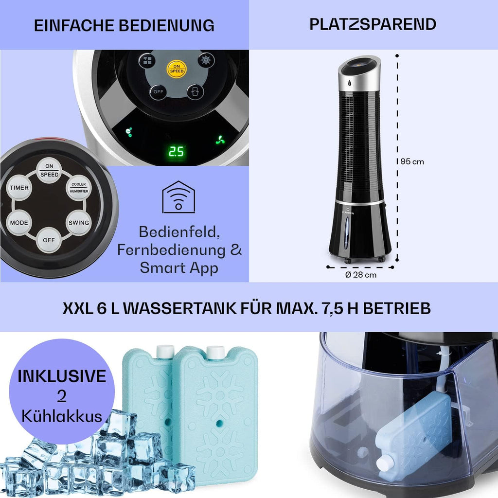 Klarstein 4 en 1: Enfriador de aire inteligente, ventilador, humidificador e ionizador I Depósito de agua de 6 L, oscilación, 30 W, 210 m³/h, temporizador I Aire acondicionado sin tubo de escape, aire acondicionado portátil, negro-oro rosa
