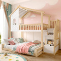 Litera infantil Merax para 2 niños, 90x200 y 140x200 cm, cama alta tipo casita con techo, ventana y barandilla, escalera con 2 compartimentos de almacenamiento, cama con somier y protección anticaídas, sin colchón, blanco y natural