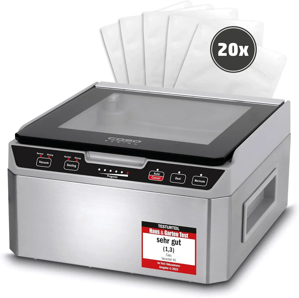 Envasadora al vacío de cámara VacuChef 40 modelo 1417, cámara de vacío de 3 l, 70 l/min, doble costura de sellado, incluye 20 bolsas de vacío
