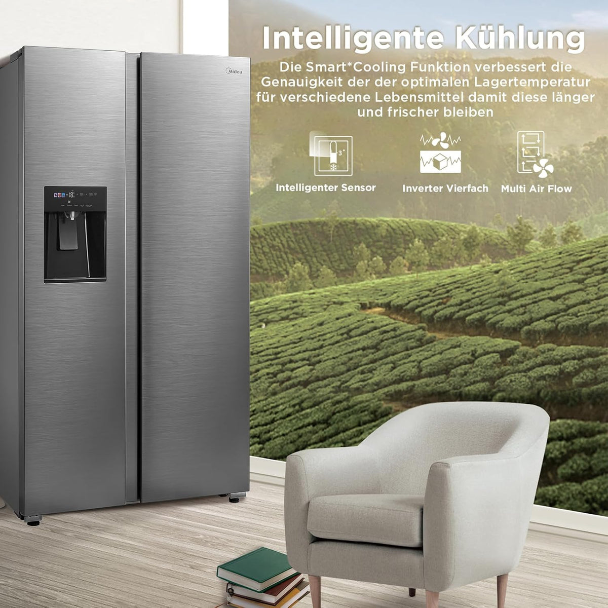 Midea KS-DDX 6.32 WT Frigorífico americano / 178,8 cm de altura / 254 kWh/año / No Frost / Compresor Dual Inverter / con dispensador de agua/hielo 3 en 1 y depósito de agua, Dark Inox