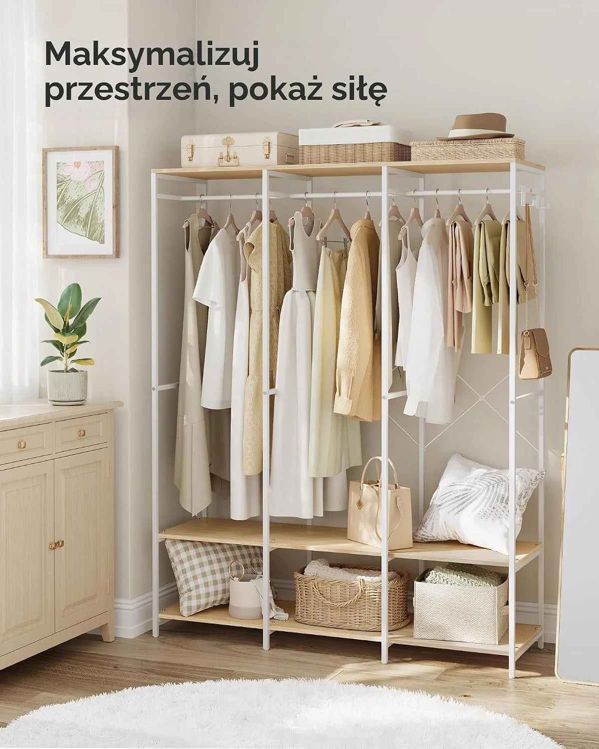 SONGMICS Otwarta szafa ubranie, wieszak do ubrań, z drążkiem, półki, zdejmowane haczyki, 40 x 141 x 180 cm, naturalny beż RGR005W67
