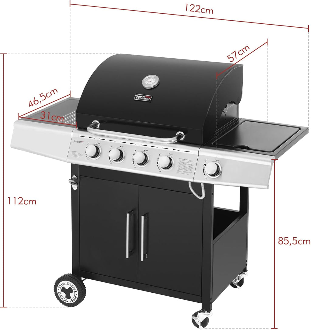 Barbacoa de gas Royal Gourmet de 4+1 quemadores de acero inoxidable, parrilla de gas de 14,5 kW con estantes y termómetro, 2 ruedas direccionales, 2 puertas, adecuada para jardín y exterior, negra