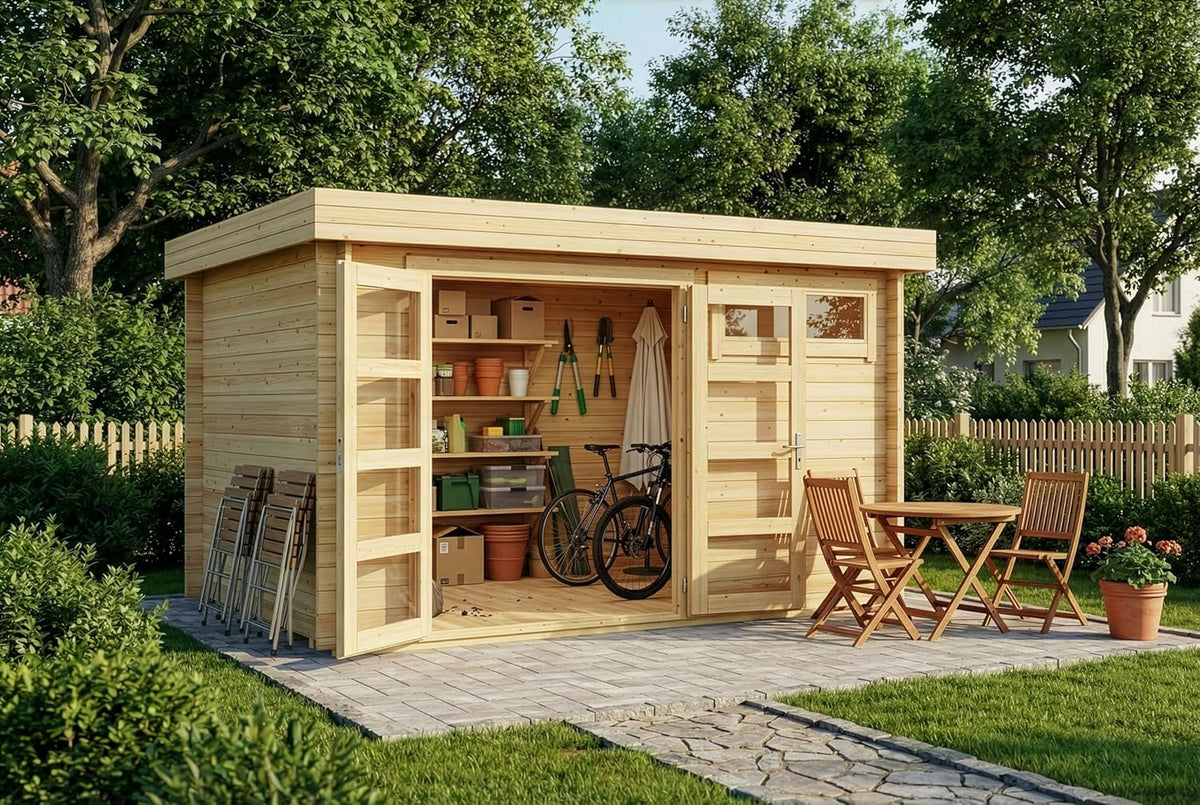 Caseta de jardín Leandro con suelo de madera, cobertizo para herramientas de 394x268 cm con 28 mm de grosor de pared en acabado natural