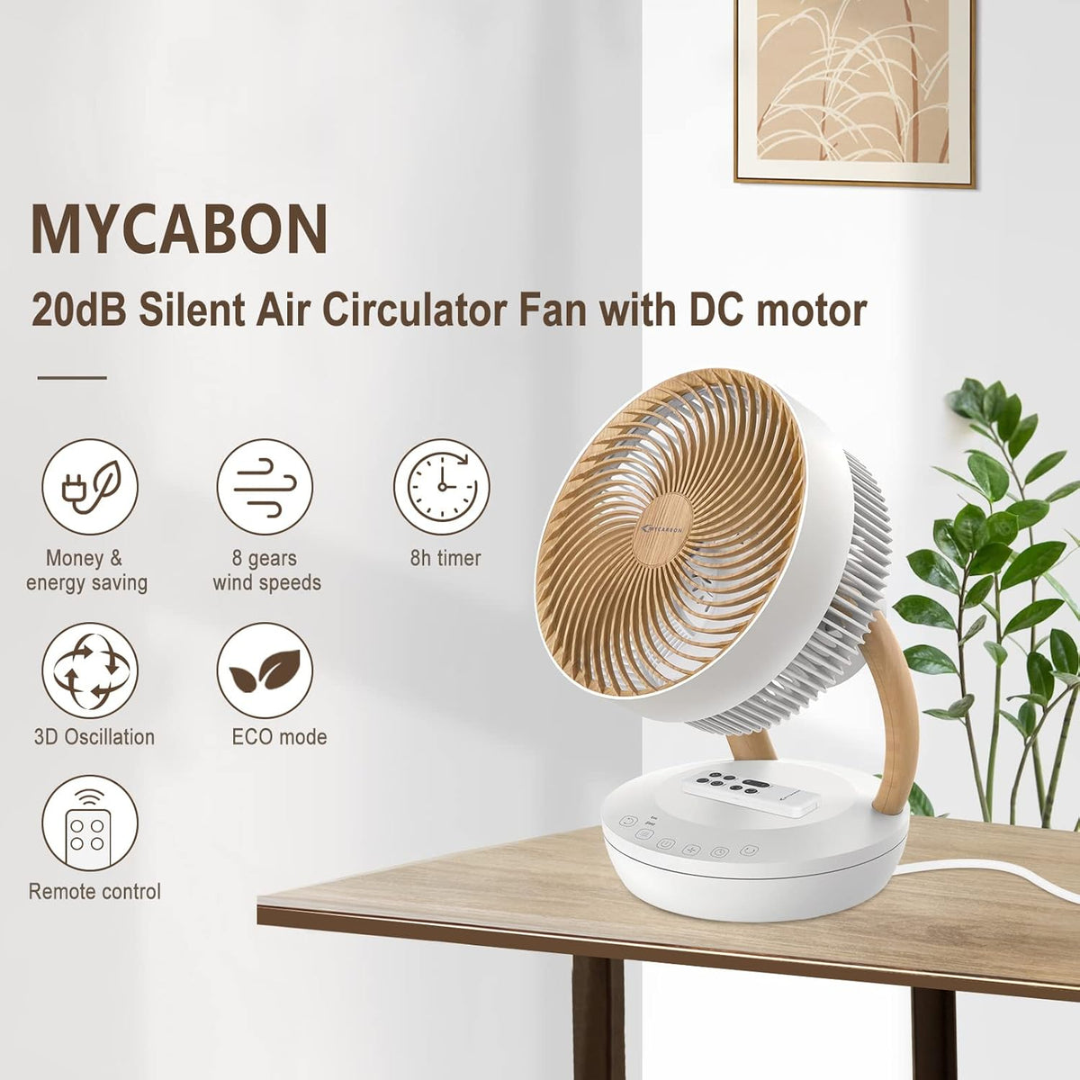 Ventilador MYCARBON muy silencioso, motor DC 20dB, caudal de aire 1850m³/h, 8 velocidades, modo ECO, ventilador de mesa, circulador de aire 3D para dormitorio de 30m², ventilador turbo, temporizador de 8h