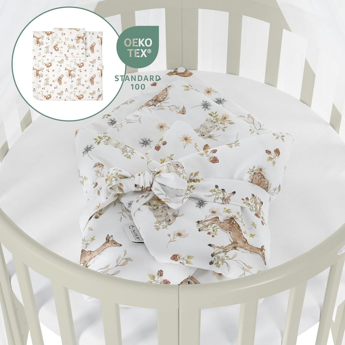 Cuna ovalada evolutiva Waldin, set completo 7 en 1, cuna de barrotes, cama infantil con colchón, cambiador, cuna colecho, madera blanca
