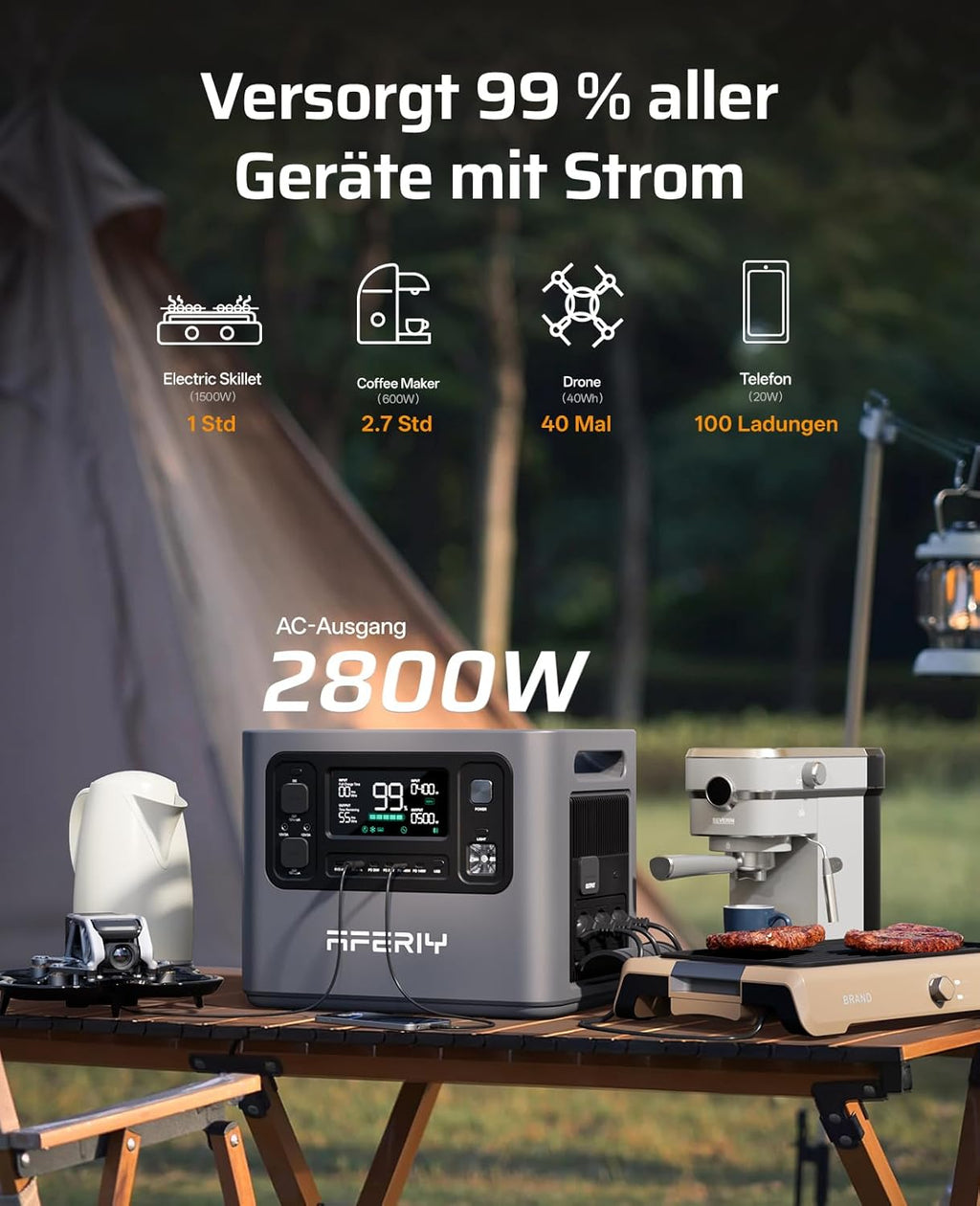 AFERIY 2800W Estación de energía portátil, 2048Wh LiFePO4 Carga rápida en 1,5h, 13 salidas, Onda sinusoidal pura 230V, SAI, Ampliable a 4096Wh, Generador solar para camping/oficina en casa 2025 Nuevo