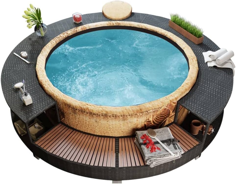 Hommdiy - Borde con almacenamiento para jacuzzi, spa y piscina, borde de piscina de poliratán negro, madera dura, redondo, acero con recubrimiento en polvo, negro, publicidad de piscina, 41454110