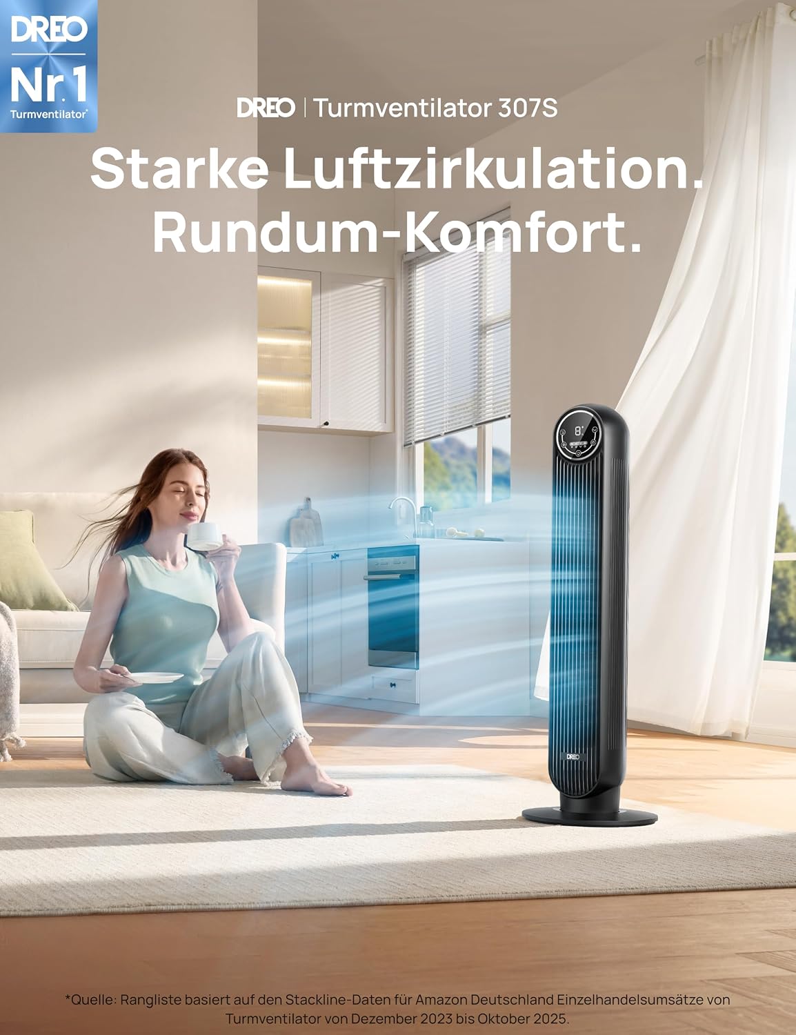 Ventilador de torre inteligente y silencioso DREO, control por APP y voz, ventilador oscilante de 90° con mando a distancia, 4 modos, 4 velocidades, temporizador de 8 h, Nomad One S, negro