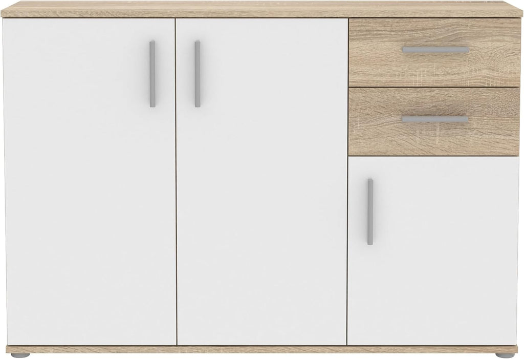 Cómoda Forte IKOLI 120, cómoda moderna, 3 puertas, 2 cajones, salón/dormitorio, pasillo, madera derivada, blanco con decoración de roble Sonoma, 119,6 cm de ancho x 81,7 cm de alto x 31,4 cm de fondo