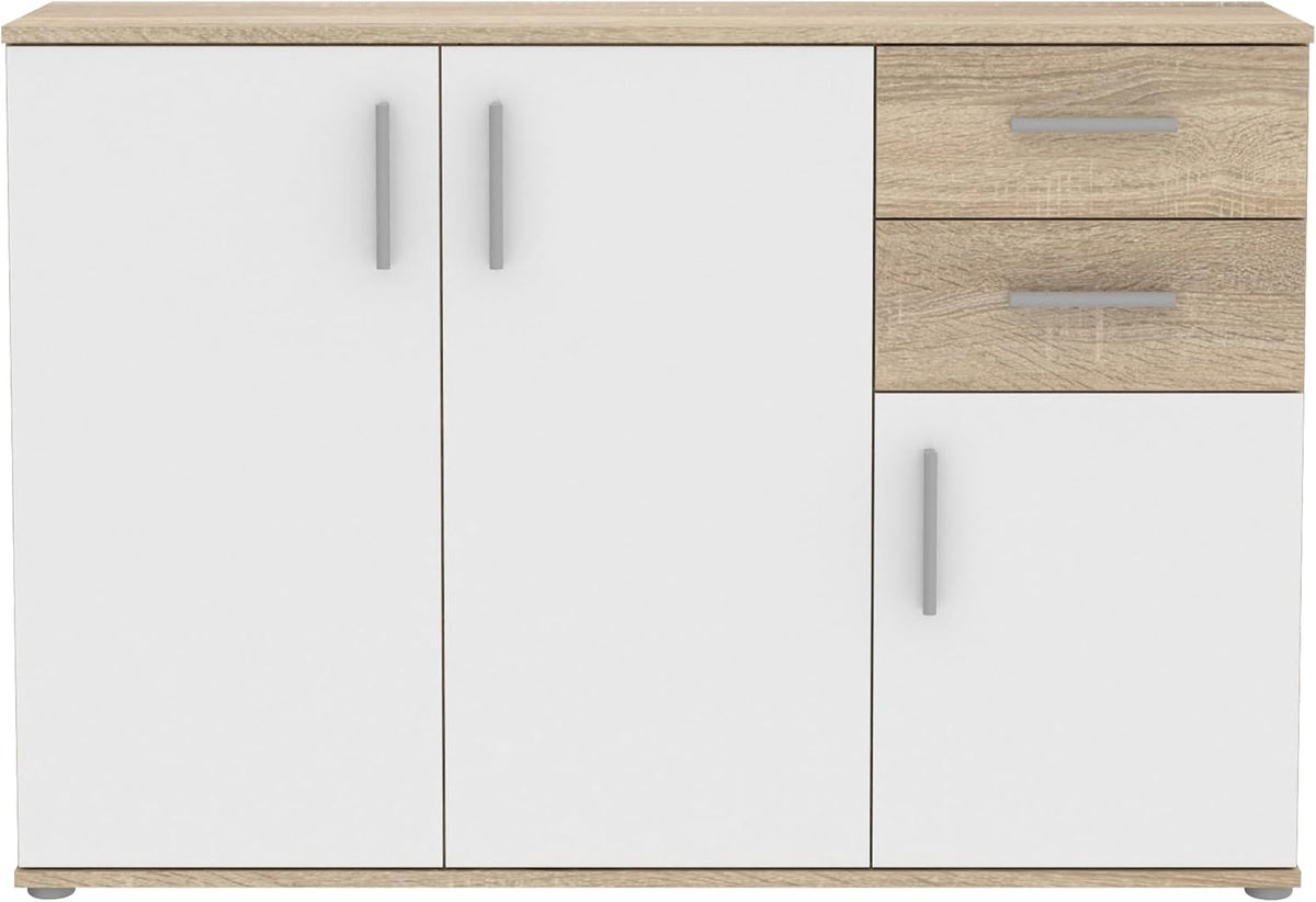 Cómoda Forte IKOLI 120, cómoda moderna, 3 puertas, 2 cajones, salón/dormitorio, pasillo, madera derivada, blanco con decoración de roble Sonoma, 119,6 cm de ancho x 81,7 cm de alto x 31,4 cm de fondo