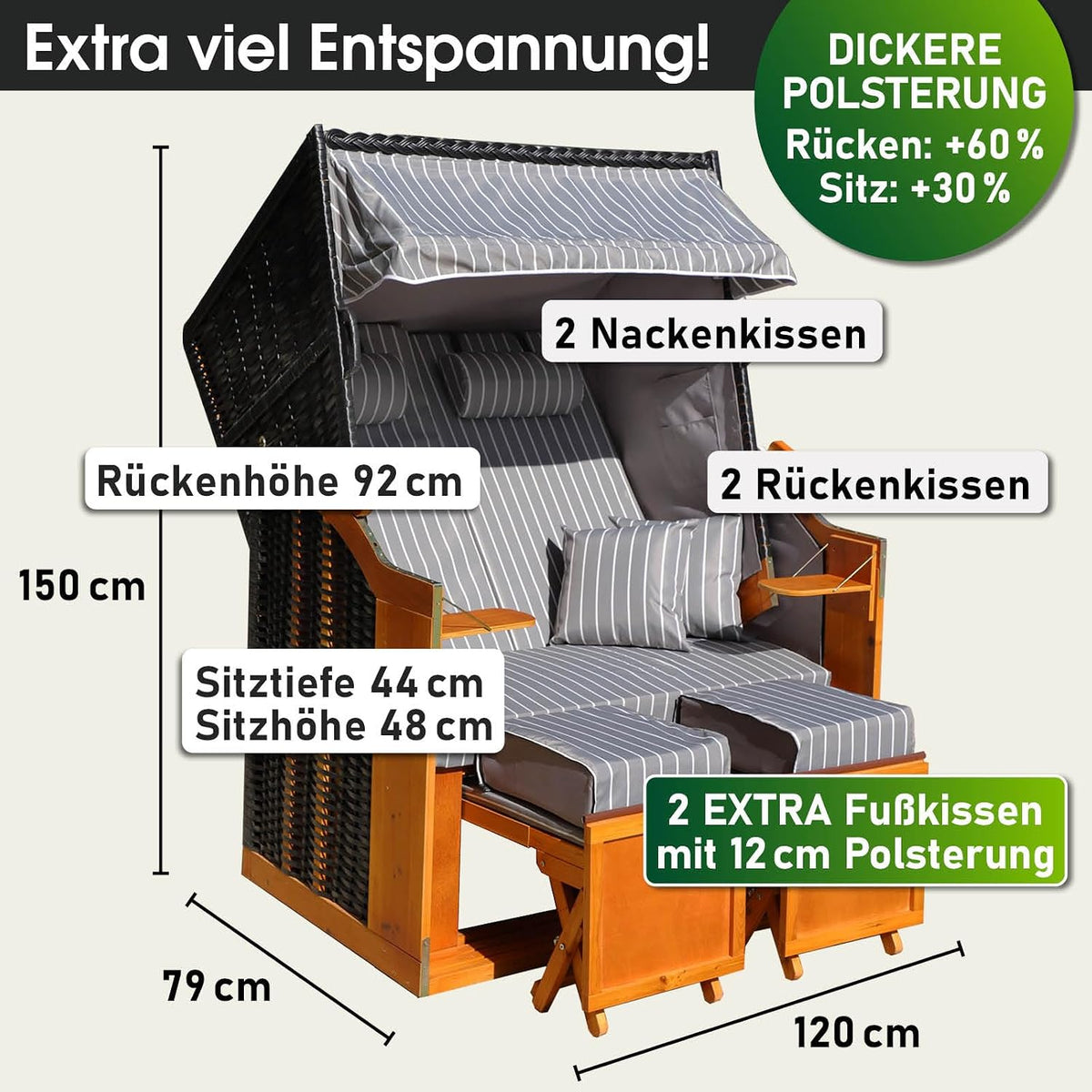 BRAST® Silla de playa Rügen Deluxe | para 2 personas | 120 cm de ancho | 5 diseños | incluye funda protectora resistente a la intemperie | respaldo ajustable y cojín de pies mullido | Antracita/Gris - a rayas