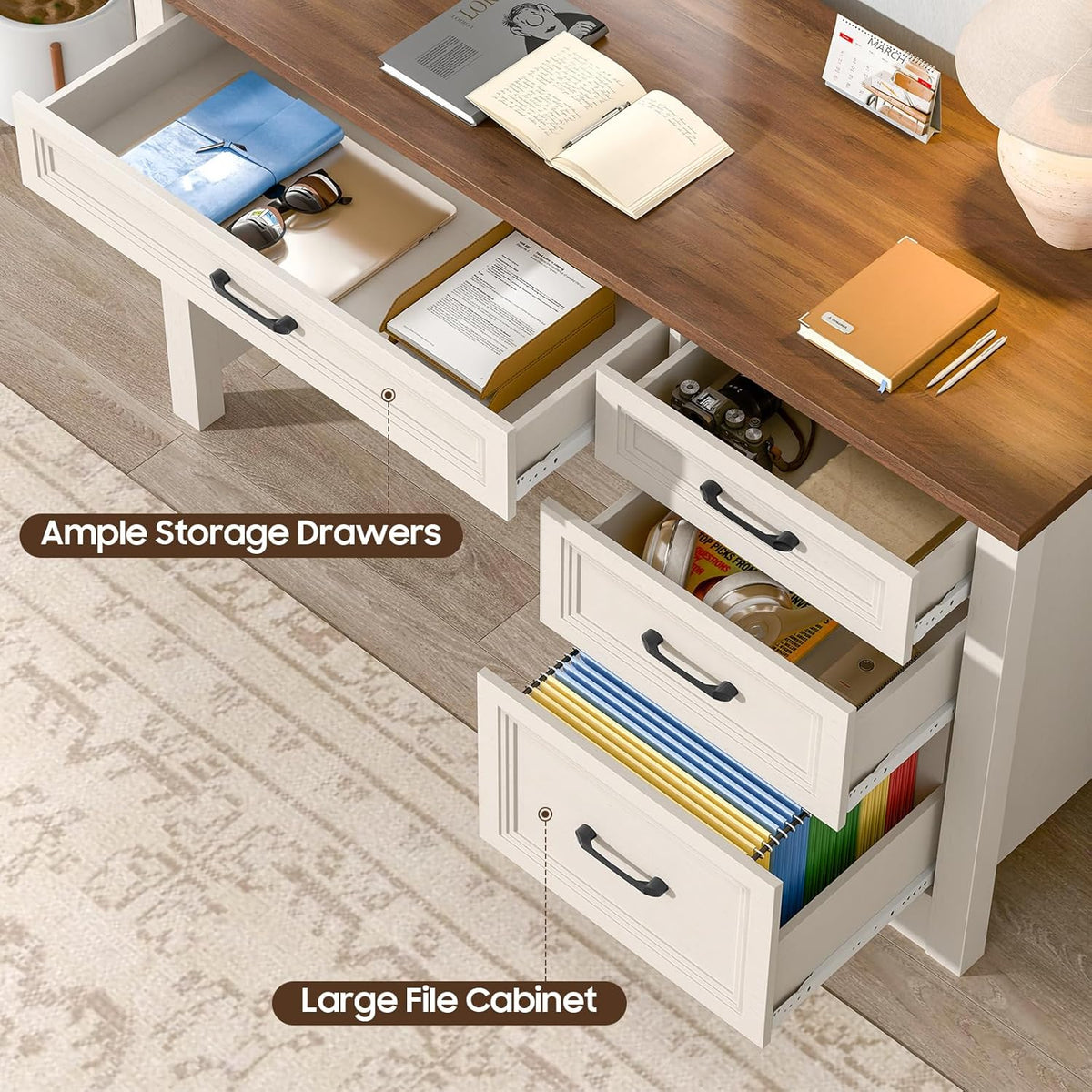 Escritorio BonVache con cajones de 120 cm, escritorio para computadora estilo granja con espacio de almacenamiento, mesa de oficina rústica de madera para oficina en casa, dormitorio y estudio, blanco