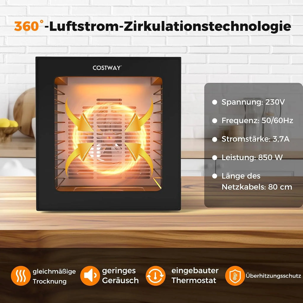 COSTWAY 850 W suszarka do żywności z 10 stalowymi miseczkami, suszarka z 10 wstępnie ustawionymi programami, 48-godzinnym timerem i temperaturą 30-75 °C, suszarka do żywności do owoców, warzyw, mięsa