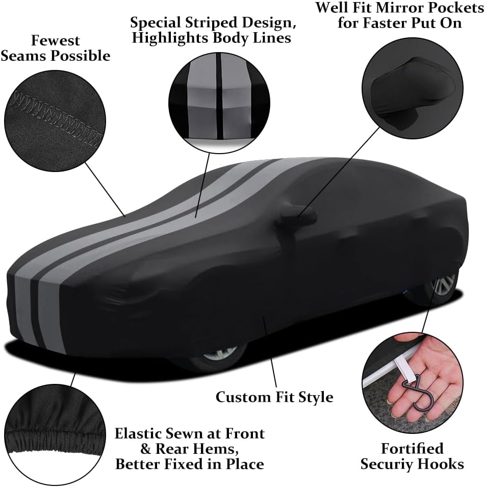 Asasytal Funda de coche para interiores, para sedán/berlina, funda protectora transpirable de terciopelo elástico, para garaje/exposición de coches, 4,9~5,25 m, gris a rayas + negro