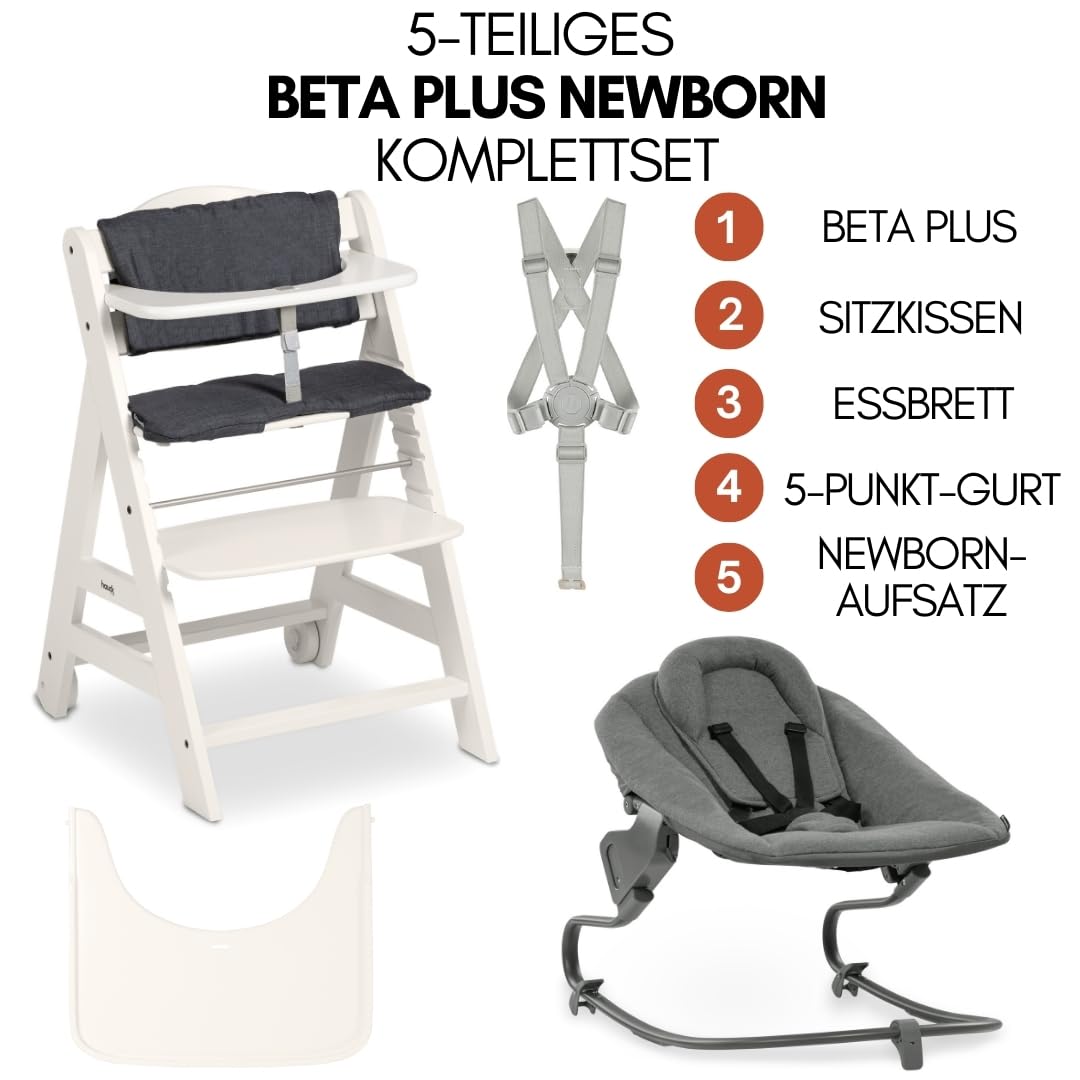 hauck Trona Beta+ Newborn Set Premium Dark Grey - Set de trona para bebé desde el nacimiento con accesorio para recién nacido Bouncer, cojín de asiento y bandeja - Gris oscuro
