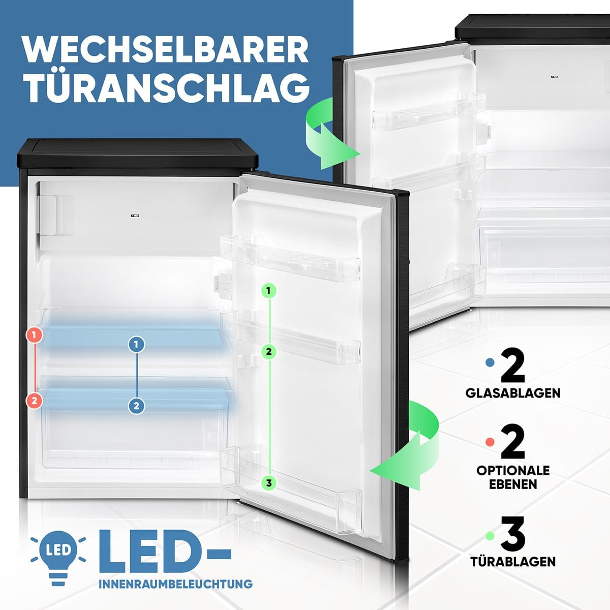 Frigorífico con congelador Bomann® | 109 litros | eficiente energéticamente, silencioso y compacto | 2 estantes, compartimento para frutas y verduras | Congelador de 4 estrellas | Sentido de apertura de puerta reversible | KS 7251 negro