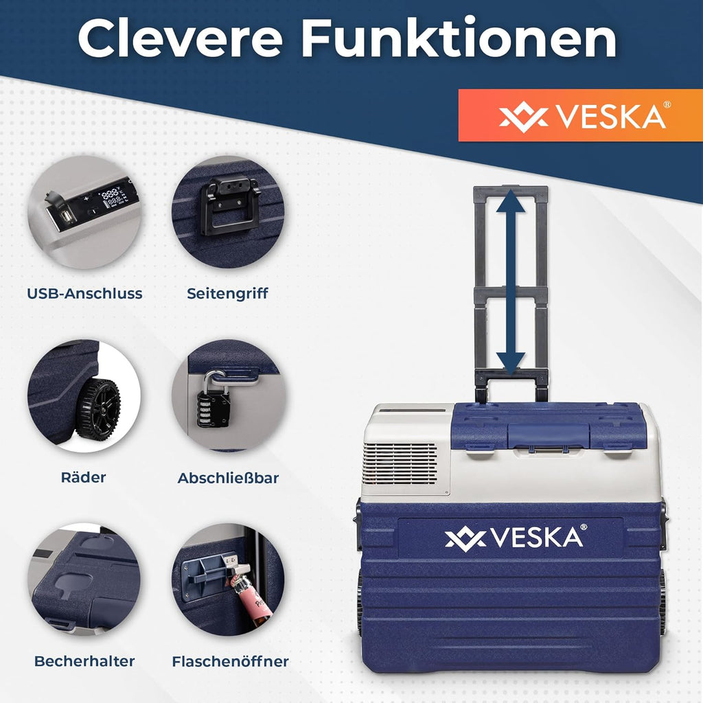Nevera portátil de compresor, congelador con control por APP, puerto USB, 12/24V, 230V, ruedas, refrigerador transportable, arcón frigorífico, caja congeladora hasta -20 °C para coche, camión, barco (52L - antracita)