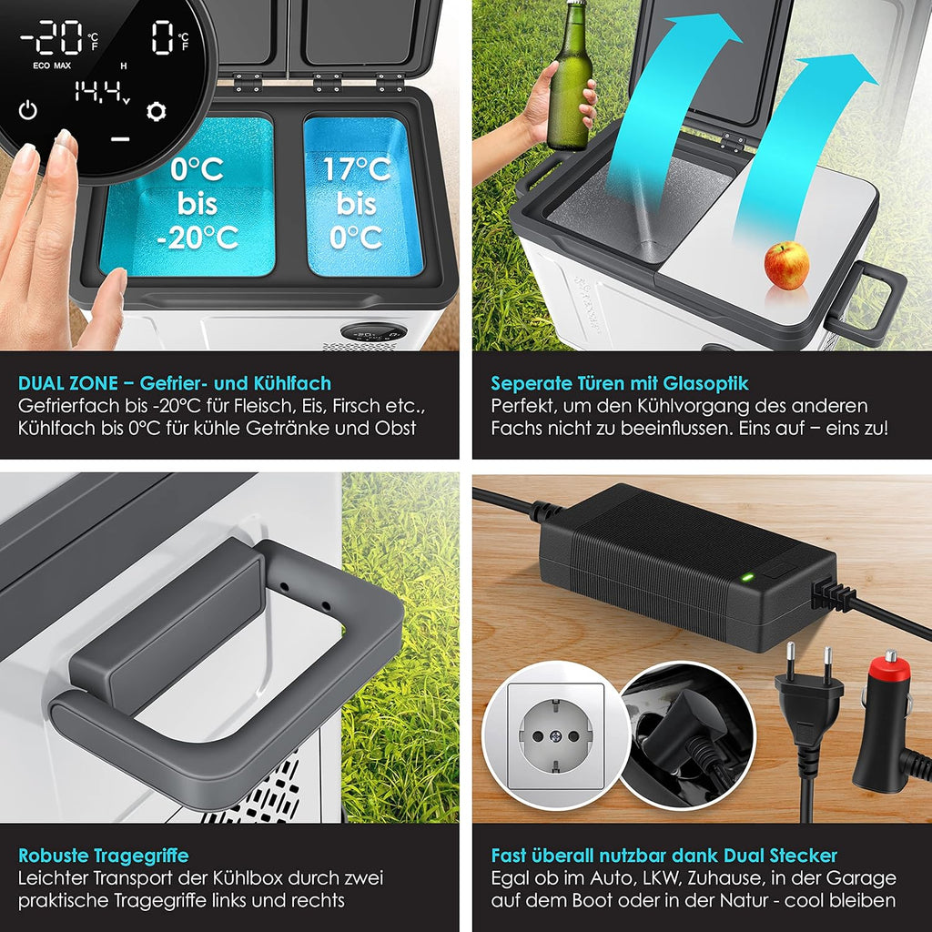 Nevera portátil con compresor KESSER 2 en 1 de doble zona, refrigeración y congelador eléctrico con 2 acumuladores de frío y panel táctil LED | Refrigerador con enfriamiento hasta -20 °C para camping, coche, camión 12/24V 230V