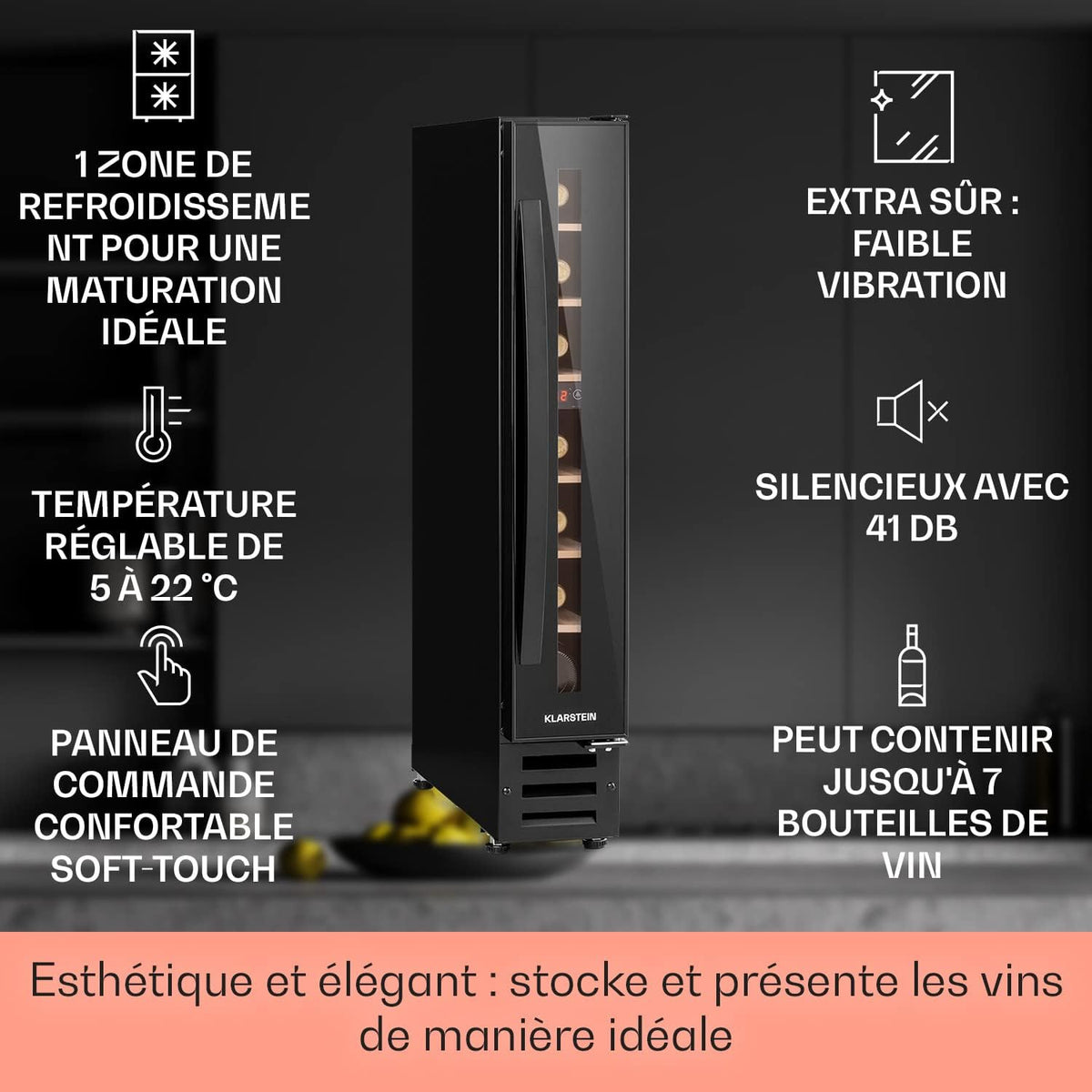 KLARSTEIN Vinovilla Vinoteca Encastrable, Nevera para Vinos, Zona única, Bodega Envejecimiento, Botellas de Prosecco, Pantalla Táctil, Mininevera 5-22°C, 20L, 7 Botellas, Negro Ónix