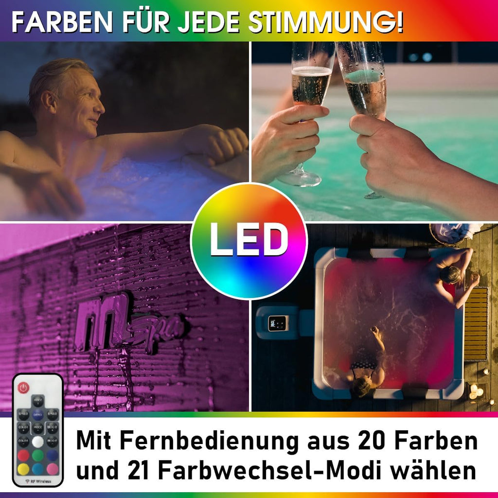 Jacuzzi MSpa Oslo de BRAST con pared exterior rígida | Iluminación LED con 20 colores ajustables para 6 personas | 160x160x65 cm | 120 chorros de masaje | Uso durante todo el año, resistente al invierno | Piscina para interiores y exteriores
