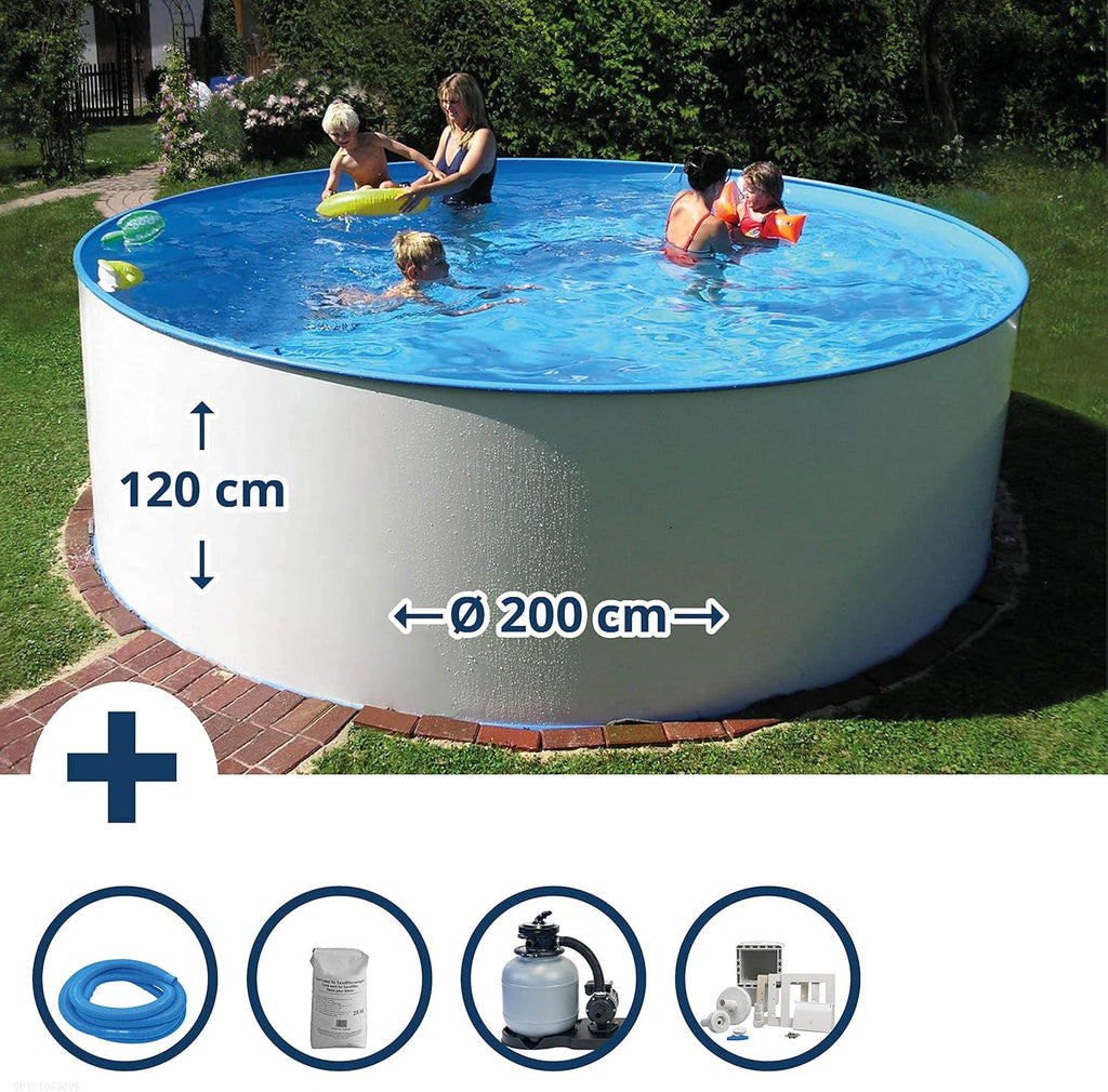 Set de piscina de pared de acero redonda Planet Pool Bologna 200x120 cm, acero blanco 0,6 mm, revestimiento azul 0,6 mm, cenefa colgante