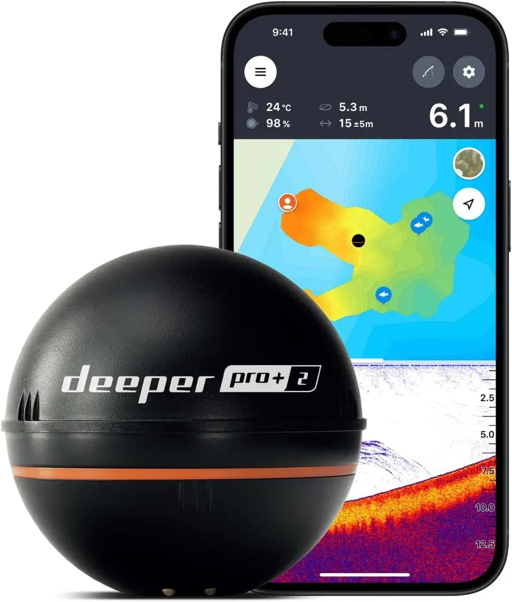 Sonda de pesca Deeper Pro+ 2 con GPS, profundímetro y sonar para kayak, barco y pesca en hielo, conexión por app hasta 100 m