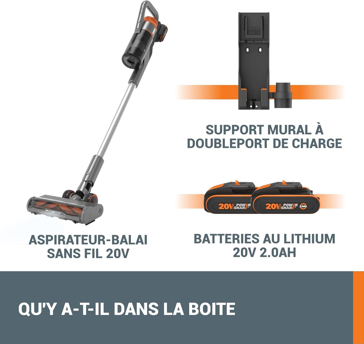 Aspiradora inalámbrica WORX 20V WX038, aspiradora de mano de 25Kpa, 45 min de autonomía, ligera para pelo de mascotas, alfombras y coche - incluye 2 baterías PowerShare, soporte de pared y cargador doble