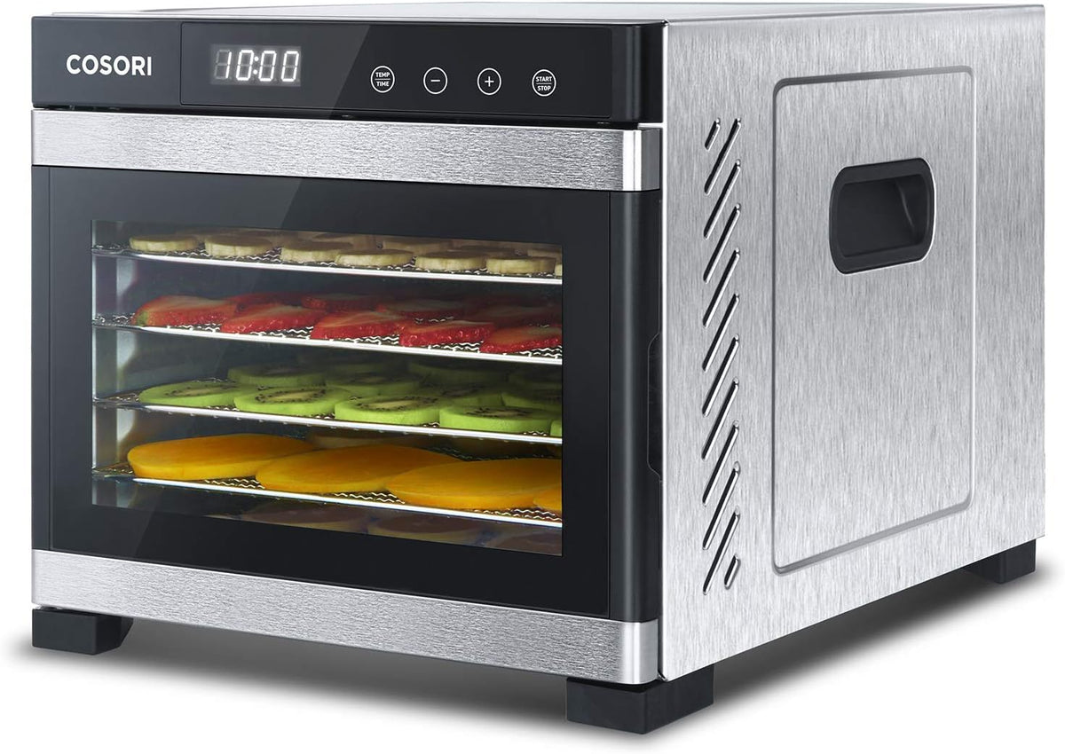 Deshidratador de alimentos COSORI de acero inoxidable, con 50 recetas, incluye 6 bandejas de acero inoxidable, 3 rejillas de secado, 3 láminas para deshidratar, gran superficie de 0,6 m², temporizador de 48 horas, pantalla LED (35°-75°C) y 650 W