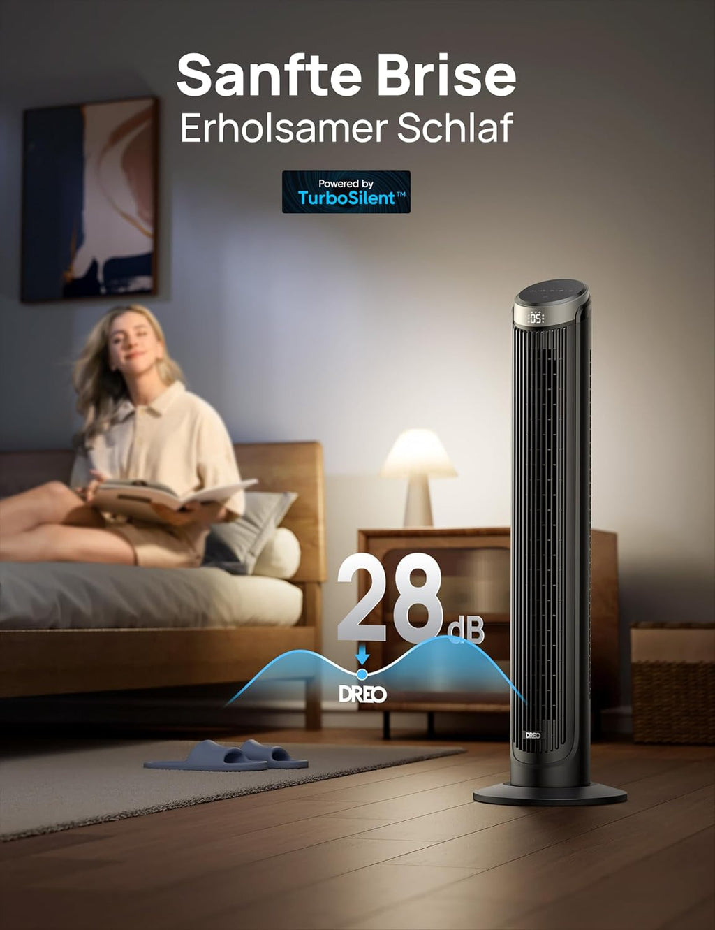 DREO Smart Turmventilator Sehr Leise, 90° Oszillierend Standventilator für Schlafzimmer, 7.9 m/s Windstärke, 5 Stufen, 4 Modi, Touch/Fernbedienung/App & Sprachsteuerung, Alexa, 12H Timer, Silber