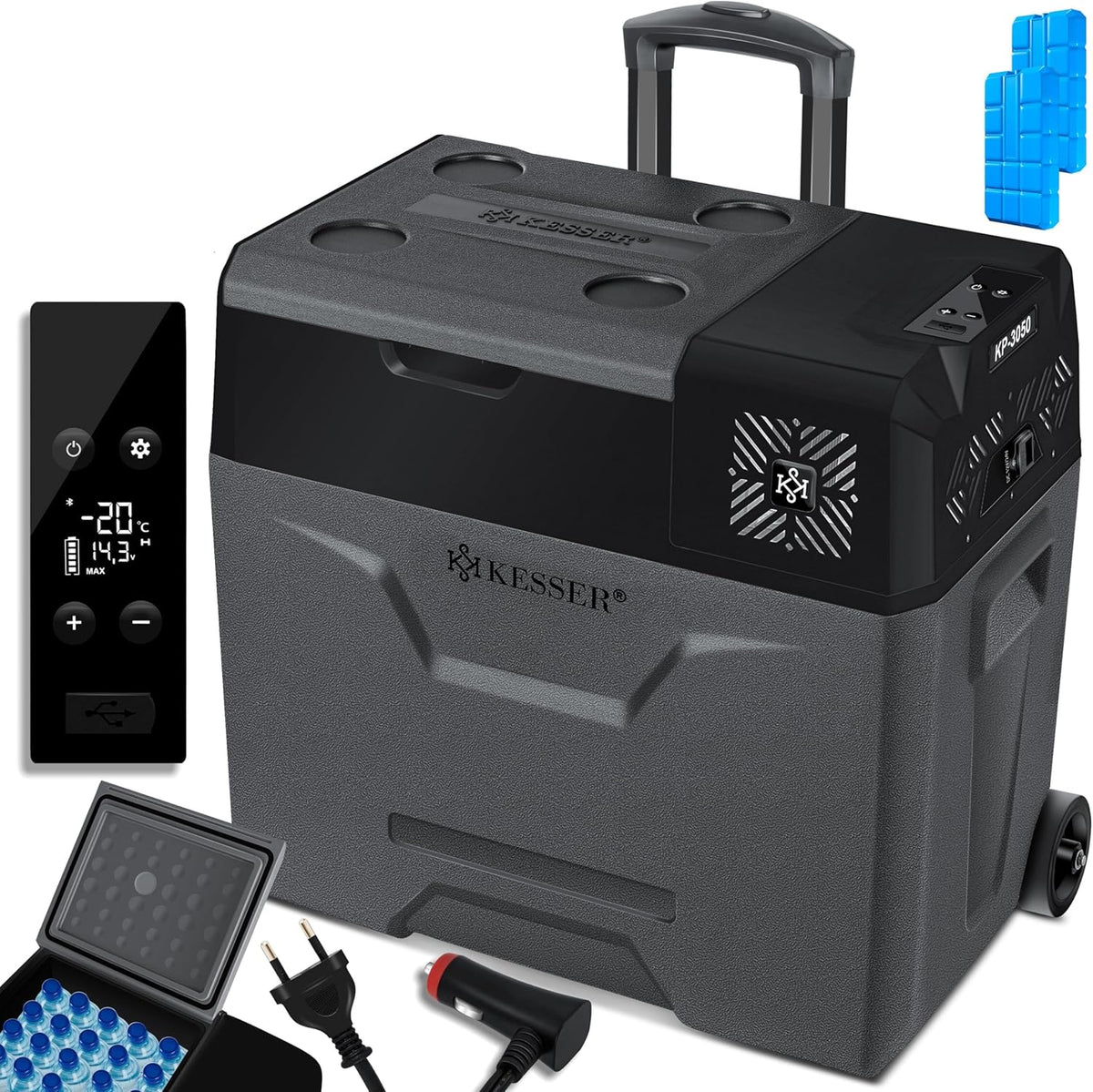 KESSER® Nevera de compresor eléctrica para coche de 50L, nevera de camping 12/24/230V con control por APP, congelador hasta –20 °C, nevera con ruedas y asa telescópica para camping, autocaravana, camión y barco + 2 acumuladores de frío