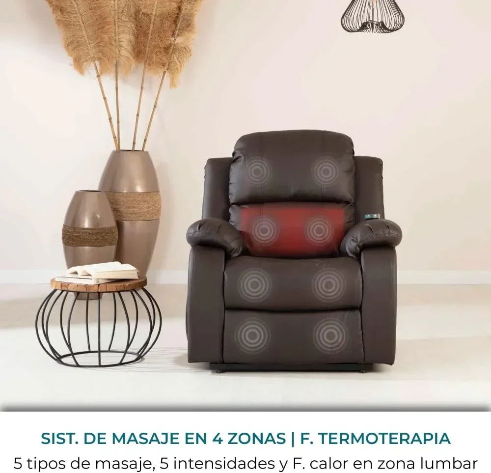 Don Descanso - Sillón Relax Masaje Calor Trevi Negro Reclinable 160º con 8 Motores Silenciosos, Calor Lumbar, Sistema de Masaje de 4 Zonas y Acabado en PU Anti-Cuarteo [Incluye Mando]. Ideal para Personas Mayores