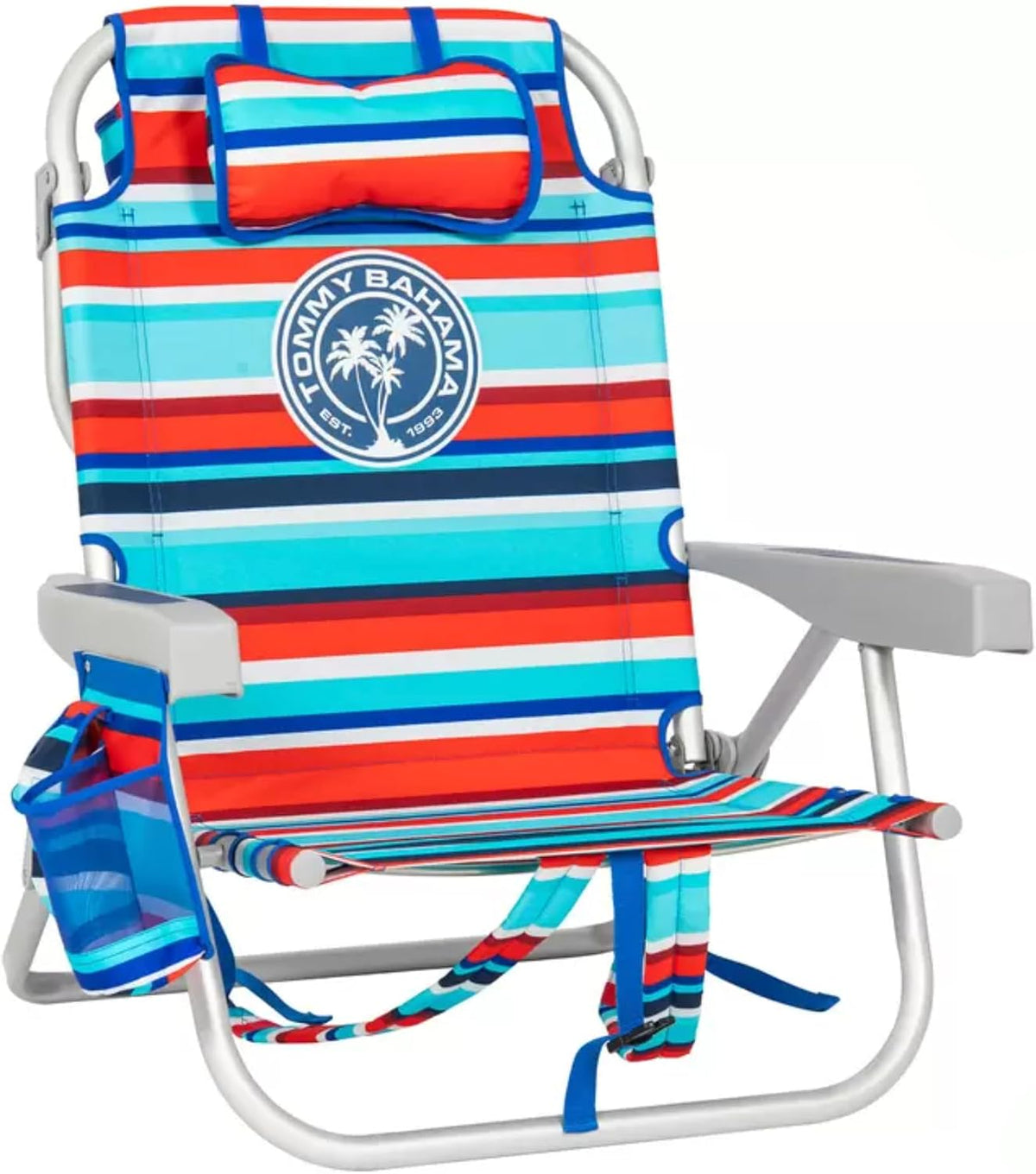 Silla de playa Tommy Bahama modelo 2025. A rayas rojas y azules.