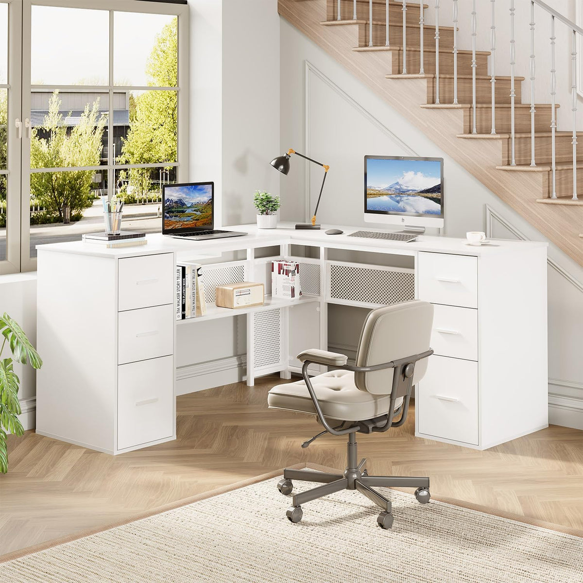 Escritorio en L HSH con cajones, escritorio esquinero para oficina en casa, mesa de ordenador con espacio de almacenamiento y armario, escritorio moderno de metal y madera para despacho, blanco, 150 cm