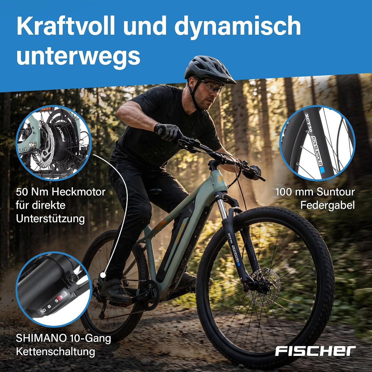 Bicicleta eléctrica de montaña (MTB) Fischer Montis 2.2 Active para hombre y mujer, talla de cuadro 49, motor trasero de 50 Nm, batería de 48 V