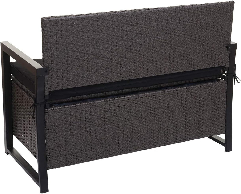 Banco de jardín Mendler Poly-Rattan 2 plazas HWC-F39AM, banco arcón, compartimento de almacenamiento con cojín - gris, cojines negros
