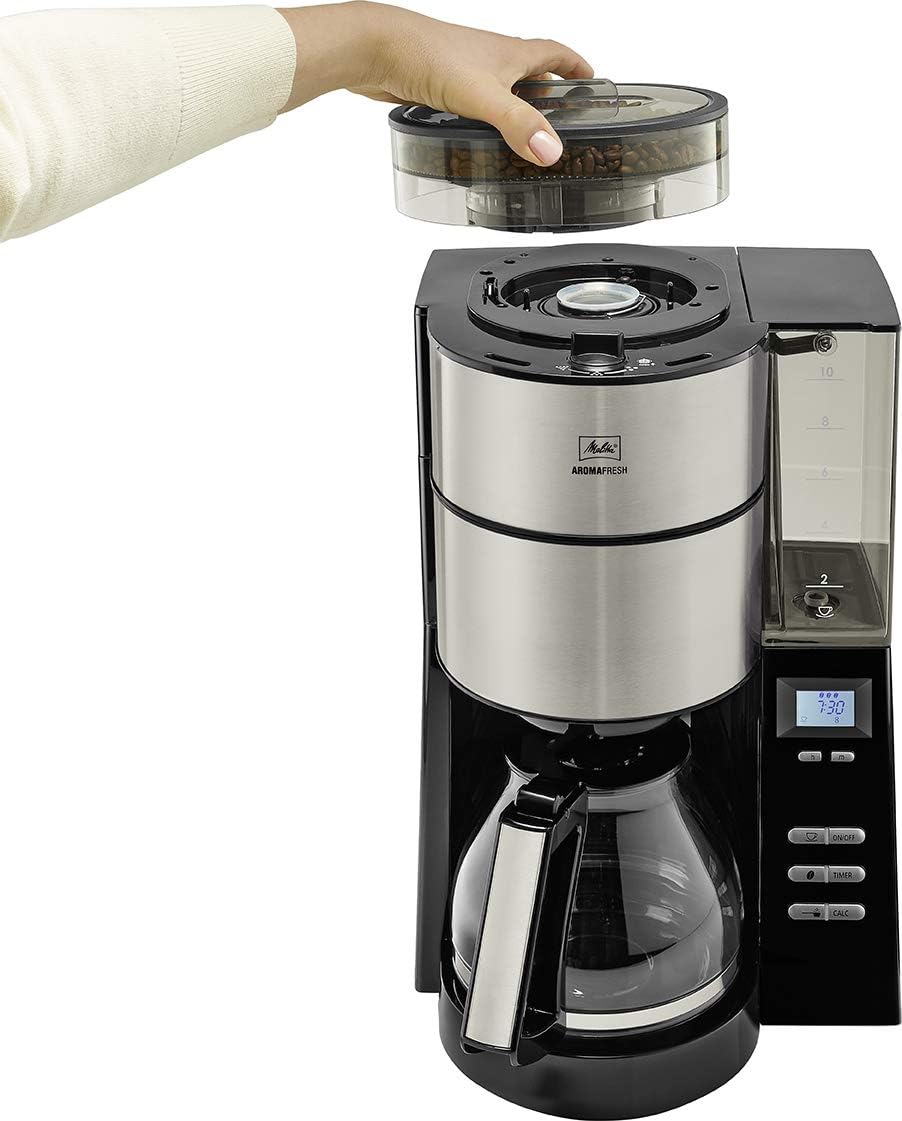 Melitta AromaFresh - Cafetera de filtro - con jarra de cristal - molinillo integrado - función de temporizador - 10 tazas - Negro puro