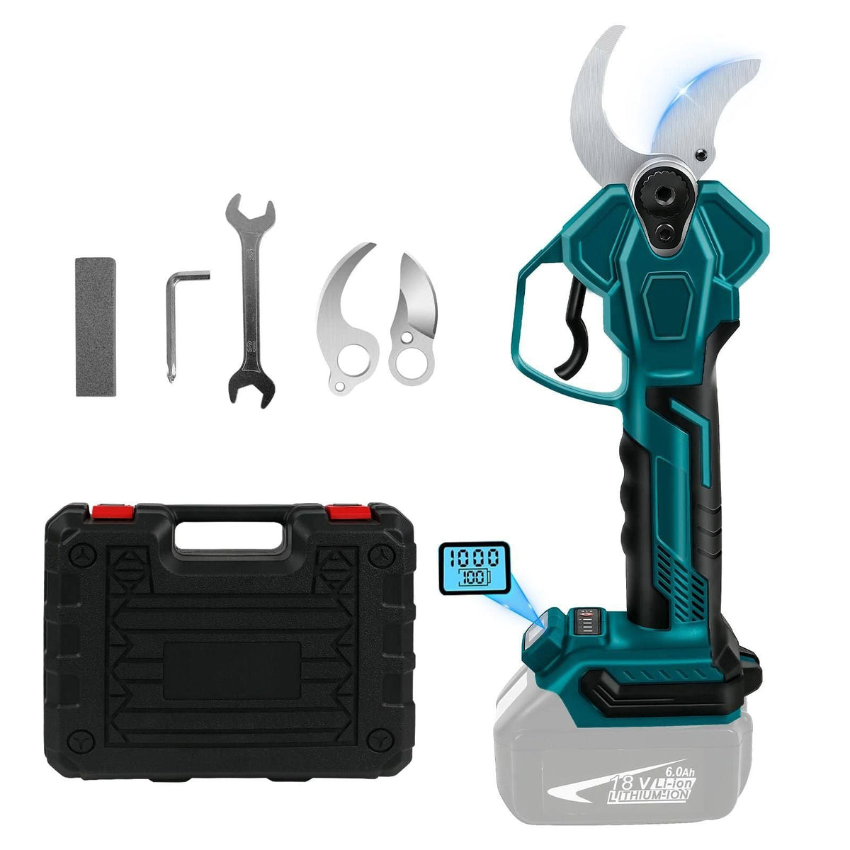 Tijera de podar eléctrica Makita de 18 V inalámbrica, apertura de 65 mm, diámetro de corte máx. de 40 mm, pantalla LCD, para ramas de árboles y flores