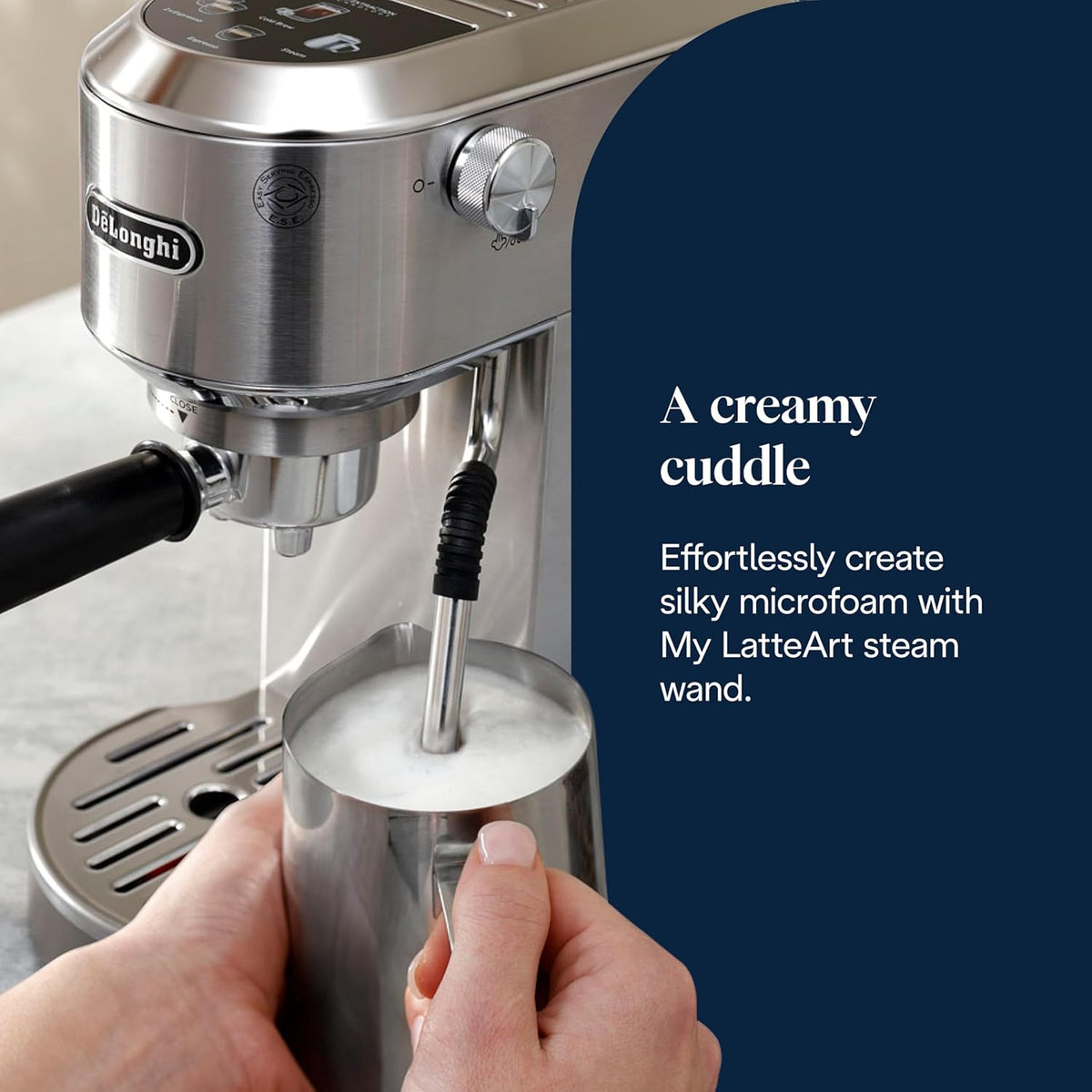 De'Longhi Dedica Duo - Cafetera de espresso de brazo compacta y perfecta con iconos táctiles, espumador de leche manual para espresso, capuchino y cold brew, 15 cm de ancho, metal (EC890.M)